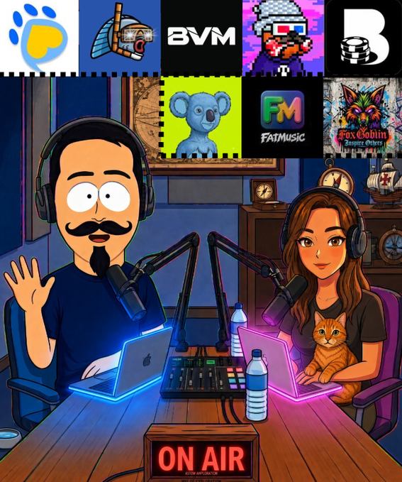 A cartoon-style podcast image shows a man with a mustache and a woman with headphones and a cat sitting at a desk with microphones, an "ON AIR" sign, and various NFT-style images including "BVM", "FAT MUSIC", and a koala.