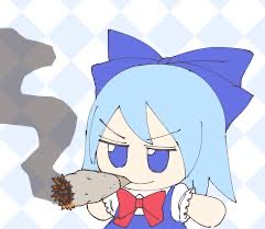 An anime-style illustration of a blue-haired character with cat ears and a red bow holding a dirty, spiked object, set against a checkered background.