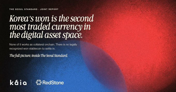 A graphic from "The Seoul Standard - Joint Report" with the headline "Korea's won is the second most traded currency in the digital asset space," featuring logos for Kaia and RedStone over a red and blue background.