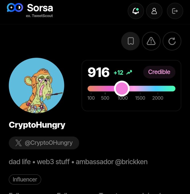 The image shows a Sorsa (ex. TweetScout) profile dashboard for user "CryptoHungry" (@CryptoOHungry), displaying a credibility score of 916 with a +12 upward trend, rated as "Credible." It directly relates to the accompanying post as the user's monthly Sorsa score share, showcasing their verified influencer status and tag "dad life • web3 stuff • ambassador @brickken."
