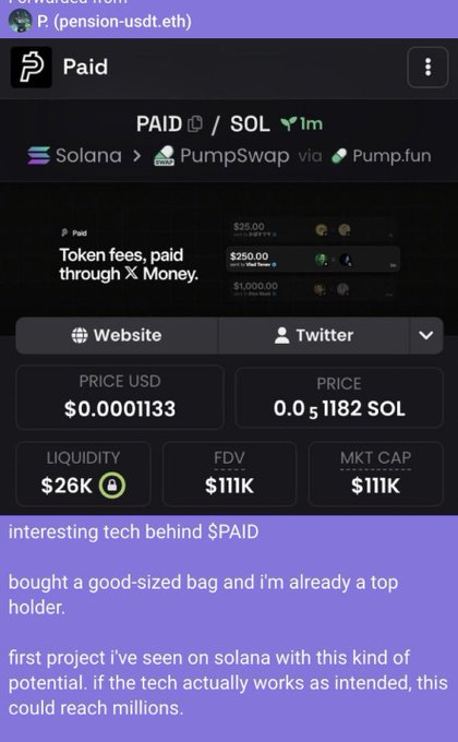 The image shows a crypto tracking page for the token $PAID (pension-usdt.eth) on the Solana network via PumpSwap, displaying key metrics such as a price of $0.0001133 (0.051182 SOL), liquidity of $26K, and a fully diluted valuation (FDV) and market cap of $111K. The post highlights calling $PAID at its $111K market cap as one of the year's best alpha calls, directly referencing the $111K market cap figure shown in the image as validation of an early entry.