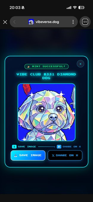 A mobile screenshot from vibeverse.dog showing a successful NFT mint of 'VIBE CLUB #331 DIAMOND DOG,' featuring a geometric/holographic illustration of a dog.