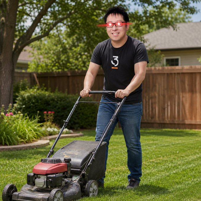 An AI-generated or edited image of an East Asian man with red laser eyes wearing a black t-shirt with a logo, smiling while pushing a lawnmower in a backyard.