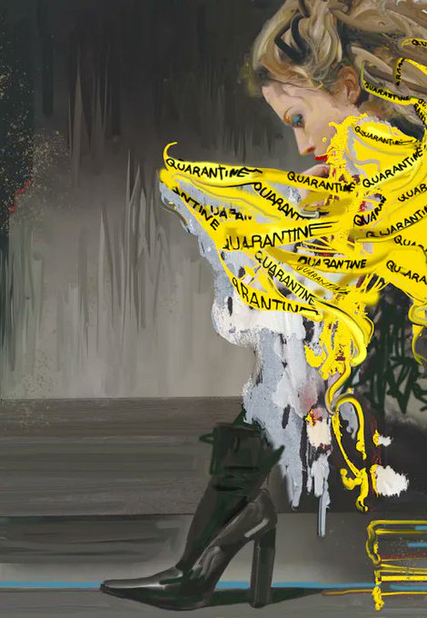 A stylized painted illustration of a blonde woman in a white dress and dark boots, wrapped in yellow caution tape bearing the word 'QUARANTINE' against a gray, dripping background.