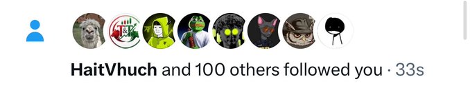 A social media notification reads "HaitVhuch and 100 others followed you · 33s" alongside a row of profile pictures featuring various avatars including a llama, an alien in a frog suit, and a dark helmet.