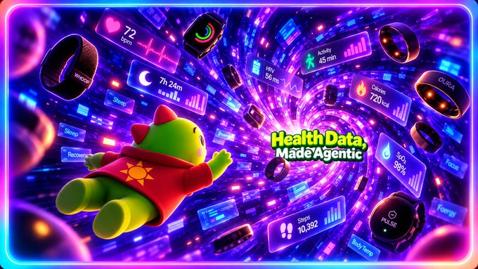 A vibrant promotional graphic titled "Health Data, Made Agentic" features a character in a red hoodie flying through a colorful tunnel surrounded by floating health metric displays like heart rate, calories, and steps.