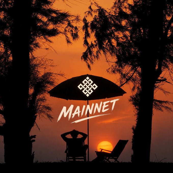 A silhouette of a person sitting under an umbrella at sunset with the text 'MAINNET' and a logo displayed prominently.
