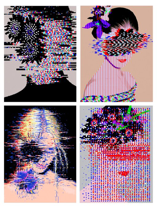 A four-panel artistic image showing glitched, pixelated, and abstract interpretations of human faces and figures with distorted colors and patterns.