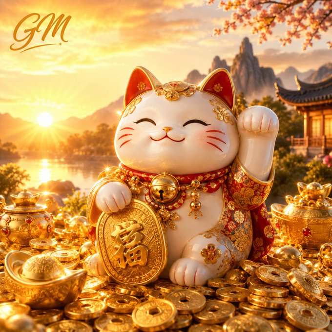 A cheerful Maneki-neko (lucky cat) figurine sits among piles of gold coins and treasures, holding a large coin inscribed with the Chinese character "福" (fortune/blessing), with "GM" displayed in the upper corner—perfectly matching the post's morning greeting and blessing-seeking theme for wealth and prosperity.