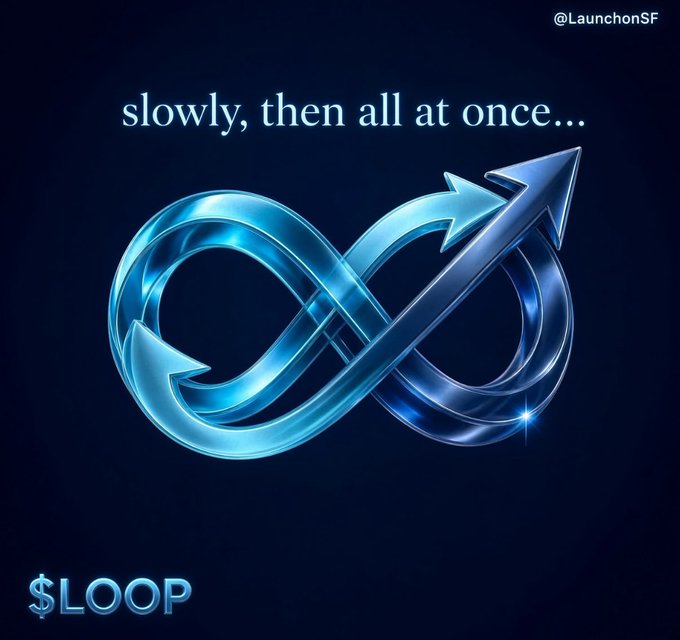 A blue infinity symbol intertwined with an upward arrow appears with the text 'slowly, then all at once...' and the '$LOOP' token logo for @LaunchonSF.