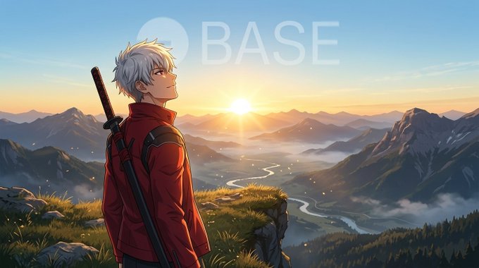An anime-style illustration of a white-haired character in a red jacket with a sword on his back, standing on a cliff overlooking a sunset mountain valley with 'BASE' watermark text.