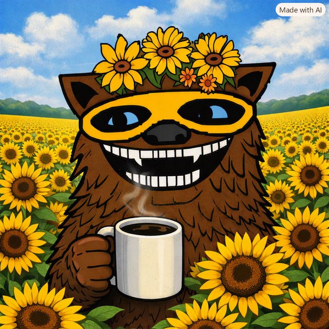 A cartoonish brown bear with a wide toothy grin, wearing yellow sunglasses and a sunflower crown, holds a steaming mug of coffee in a sunflower field under a blue sky. A 'Made with AI' label appears in the top right corner.
