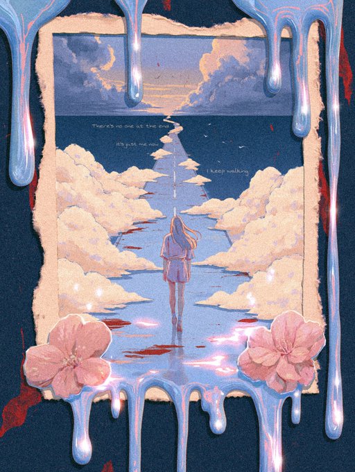 An anime-style illustration of a girl with long blonde hair walking along a path of clouds surrounded by water, framed by dripping blue liquid and pink flowers, with handwritten text including 'there's no one at the end' and 'keep walking'.