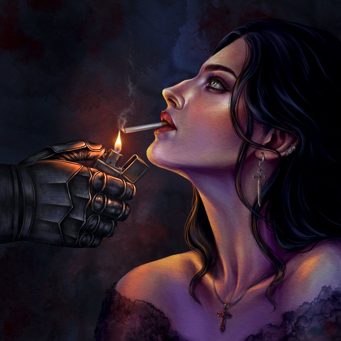 Digital painting of a dark-haired woman with green eyes smoking a cigarette as a gloved hand holding a lighter ignites it for her.