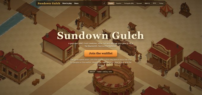 A promotional splash screen for the "Sundown Gulch" video game, describing it as "a gold old MMO, hunt creatures, mine, fish and upgrade your gear to win at the Blacksmith. Survive the Badlands," with a prominent "Join the waitlist" call-to-action button. The image aligns with the post's focus on the Sundown Gulch project on Solana and its upcoming token launch, highlighting the game's waitlist sign-up as a way for interested users to get involved early.