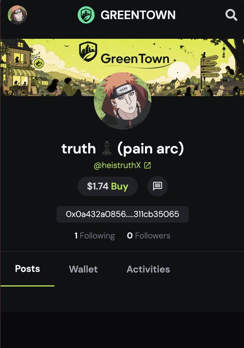 The image shows a Greentown profile for "truth 🗡️ (pain arc)" (@heistruthX) with a $1.74 Buy button, 0 followers, and a wallet address starting with 0x0a432a0856...311cb35065, featuring a Naruto-themed Pain anime avatar. The post celebrates an early 2x gain on the key purchase, referencing the low follower count and modest entry price as signs of early momentum.