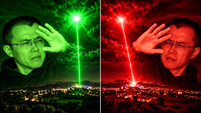 A split green-and-red tinted image shows a man shielding his eyes from a laser beam piercing the night sky above a city, visually representing the two possible Bitcoin price directions referenced in the post: a bullish breakout to $100,000 (green) versus a bearish drop to $70,000 (red).