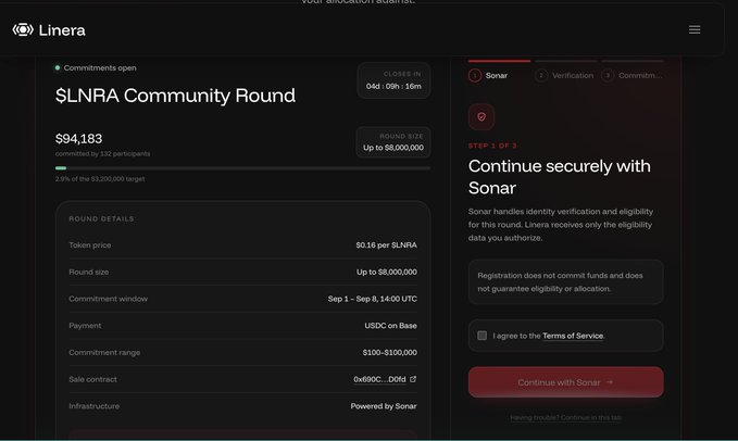 A dark-themed webpage for the 'Linera' cryptocurrency project showing a '$LNRA Community Round' fundraising campaign with $94,183 committed by 132 participants and a 'Continue securely with Sonar' verification step.