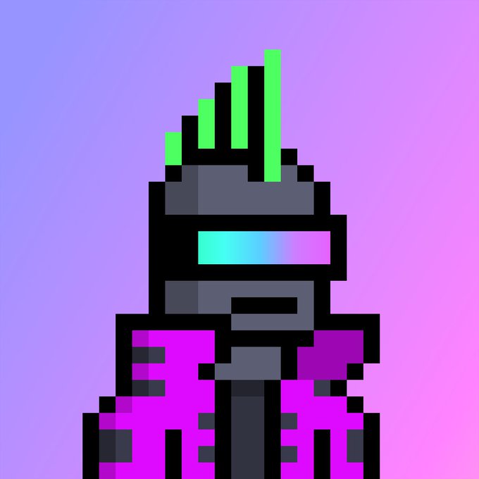 A pixel-art style character with a black helmet, cyan visor, and magenta jacket against a gradient pink and purple background.