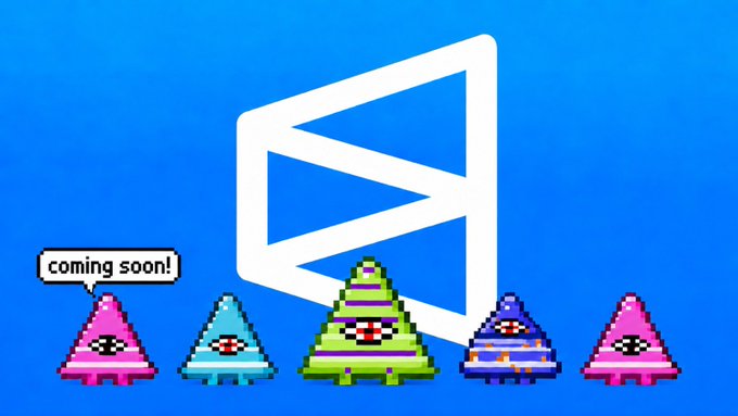 A pixel art image showing five colorful pyramid-shaped characters, with a blue one saying "coming soon!" in a speech bubble, set against a large white triangular logo on a blue background.