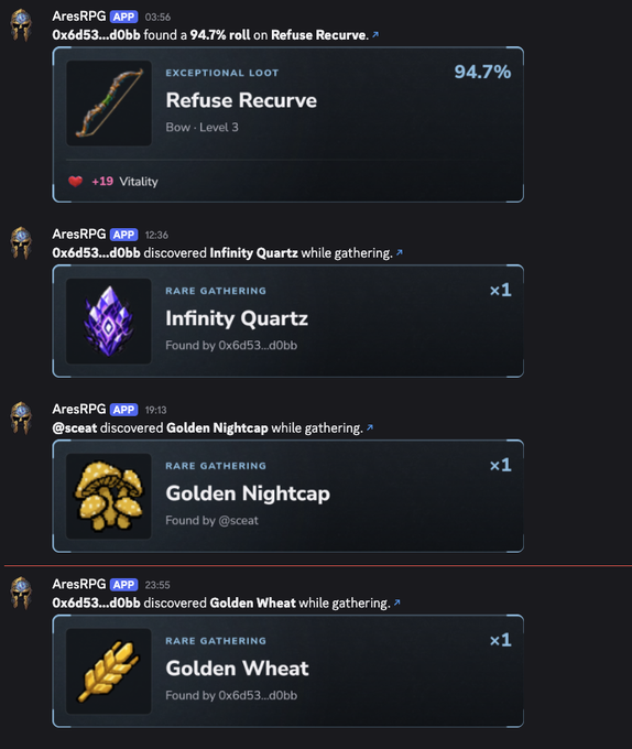 A series of Discord activity notifications from an 'AresRPG APP' bot announce rare items found by users '0x6d53...d0bb' and '@sceat', including a 94.7% 'Refuse Recurve' bow, 'Infinity Quartz', 'Golden Nightcap', and 'Golden Wheat'.