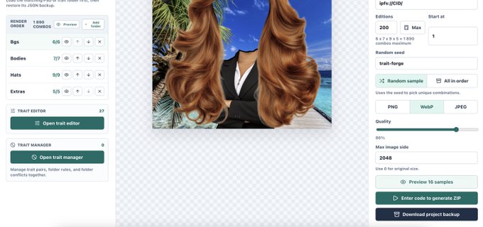 A screenshot of an AI image generation interface featuring a person with long brown hair in front of a beach, with settings panel on the right showing options like 'trail-forge', Random sample, and a Preview 16 samples button.