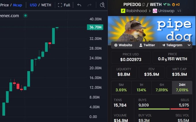 A cryptocurrency trading chart showing the PIPEDOG / WETH pair priced at $0.002973, with a market cap of $35.9M, liquidity of $8.8M, and a 7,019% increase over 24 hours, featuring a cartoon dog mascot in a cap.