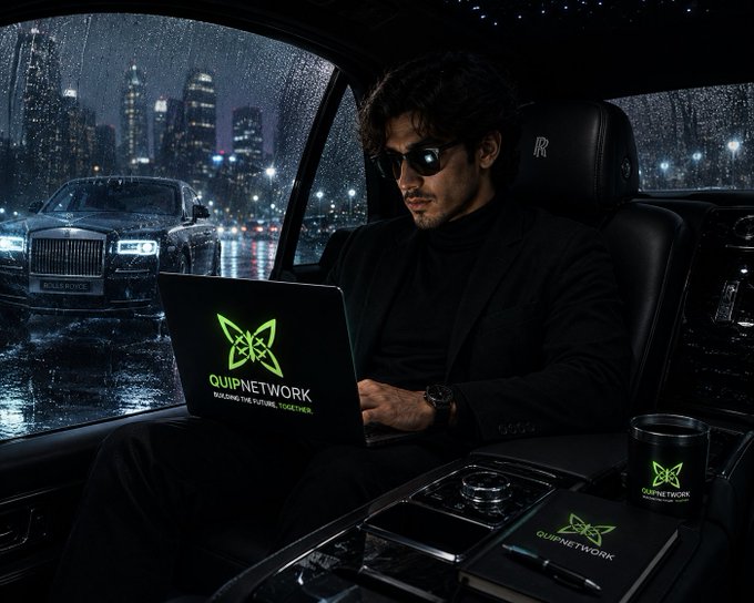 A man in a black suit and sunglasses works on a laptop displaying the green 'QUIPNETWORK - Building the future together' logo while sitting in the back of a luxury Rolls-Royce at night in a city.