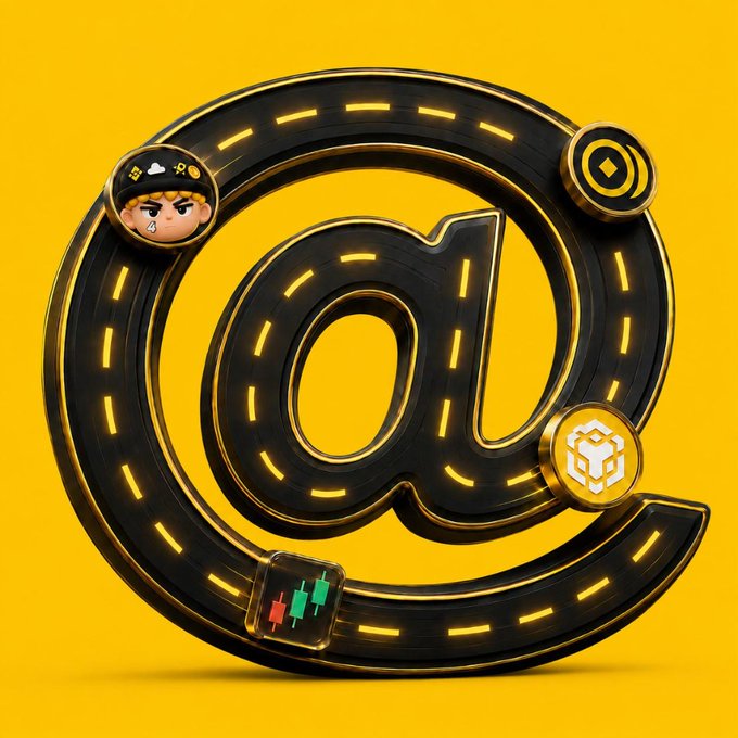 A stylized 3D "@" symbol rendered in black and gold with a glowing yellow background, featuring embedded icons including a character avatar, a crypto cube logo, and a bull/bear chart, visually representing the "GM" greeting and the discovery of a notable crypto trading account.