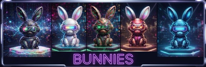 A neon-style banner displays five robotic rabbit figures in different colors (black, white, bronze, pink, and blue) with the word 'BUNNIES' lit up below.