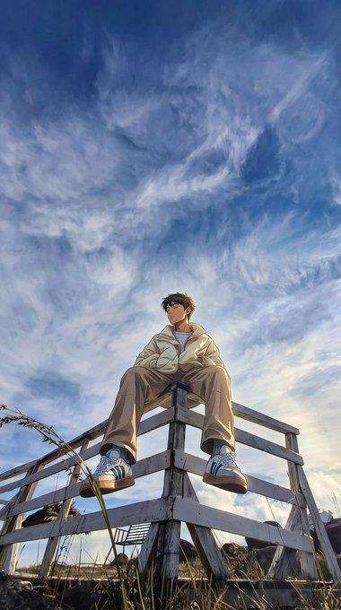 A young man in sunglasses, a beige puffer jacket, and khaki pants sits atop a weathered white wooden lifeguard tower under a blue sky with wispy clouds.