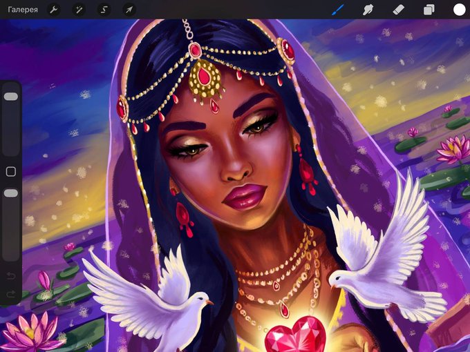 A digital painting of a dark-skinned woman with elaborate gold and jeweled headpiece and necklaces draped in a purple veil, holding a red heart-shaped gem, with two white doves flying near her and a lotus pond in the background.