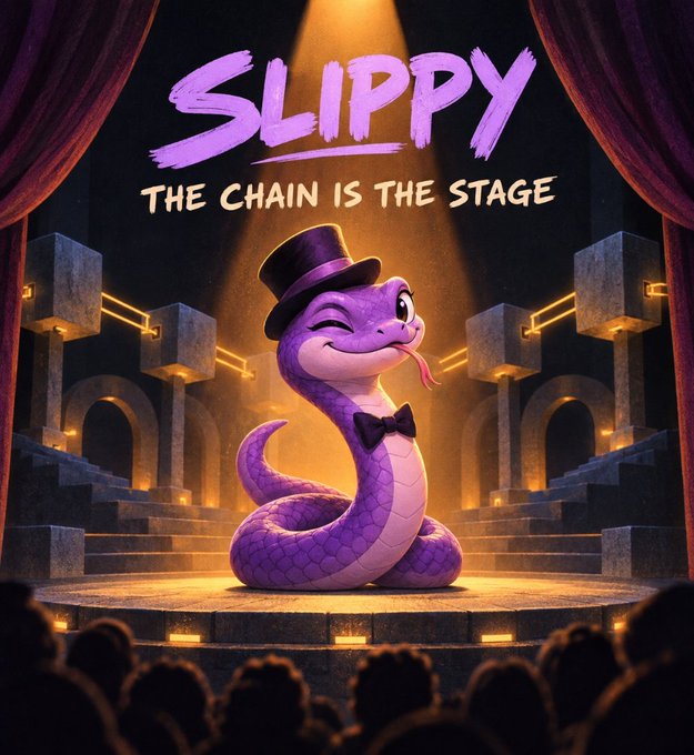 An illustrated poster titled 'SLIPPY - THE CHAIN IS THE STAGE' depicting a purple cartoon snake wearing a top hat and bow tie on a theater stage.