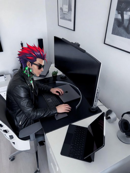 A 3D-rendered character with spiky red and purple hair, sunglasses, and a black leather jacket works on a computer at a white desk in a modern home office.