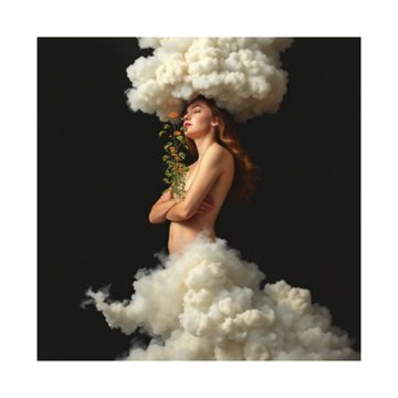 A surreal artistic photograph of a woman in profile holding a sprig of yellow flowers, framed by dramatic white cloud-like puffs above and below against a black background.