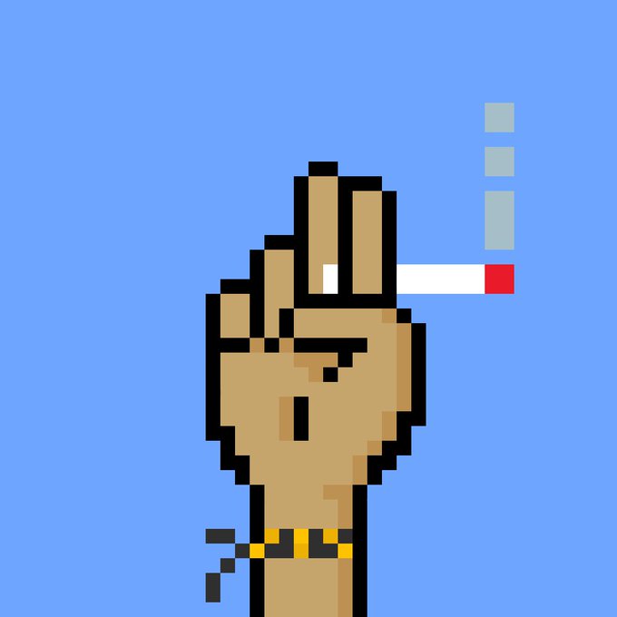 A pixel art illustration of a hand with a gold bracelet holding a cigarette, set against a blue background with three pixelated blocks to the side.