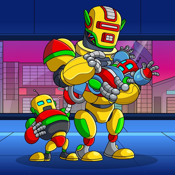 An illustration of a large yellow and red robot holding a smaller blue robot, accompanied by another small yellow robot.