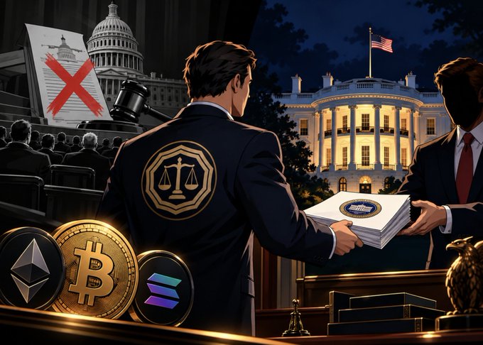 An illustrated courtroom scene depicting a man in a dark suit with a gold scales-of-justice emblem on his back receiving a stack of white documents from another suited official, set against the backdrop of the White House with the U.S. flag and a Capitol-domed document marked with a red X, while gold coins of Bitcoin, Ethereum, and Solana sit in the foreground.
