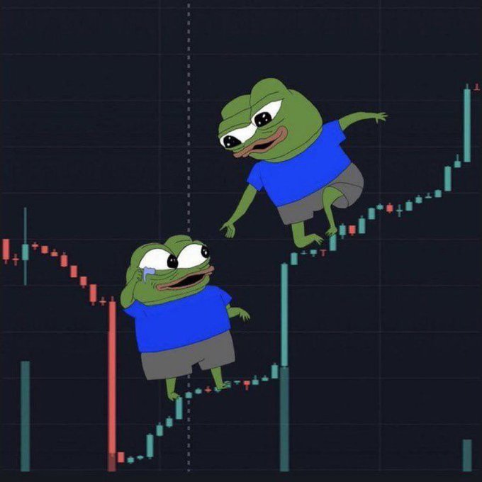 A Pepe the Frog meme showing two frogs on a stock chart - one crying in despair as prices fall, and another gleefully surfing upward on rising green candlesticks.