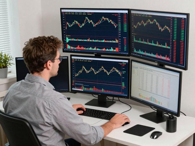 A man sits hunched over a multi-monitor trading setup with four screens displaying candlestick charts, volume bars, and rows of ticker data, frantically working his keyboard and mouse late into the night.

The image humorously illustrates the post's joke about obsessive investing behavior—evidenced by the intense multi-screen array and the late-night setting, showing how "responsible" investing quickly spirals into hyperactive, sleepless market-watching.