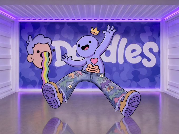 Colorful digital illustration in a neon purple-lit room showing a cheerful cartoon character in star-patterned jeans next to a floating head vomiting rainbow, with 'Doodles' branding in the background.