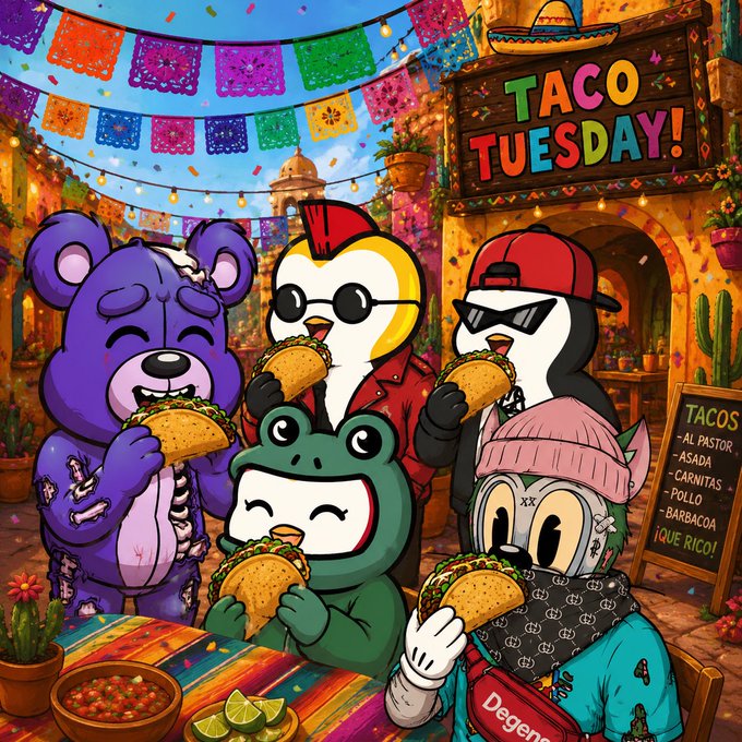 A vibrant cartoon scene shows a purple bear, a rooster, a penguin, a frog, and a cartoon character all joyfully eating tacos together at a festive Mexican-style street, with a "TACO TUESDAY!" sign overhead and a menu listing "AL PASTOR, ASADA, CARNITAS, POLLO, BARBACOA, ¡QUE RICO!" The colorful papel picado banners, confetti, and cheerful taco feast perfectly match the post's "Happy Toonzday" theme celebrating tacos.