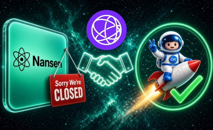 A promotional graphic showing a Nansen logo with a 'Sorry We're Closed' sign on the left, and a handshake with a CWC astronaut character on a rocket on the right, set against a starry background.