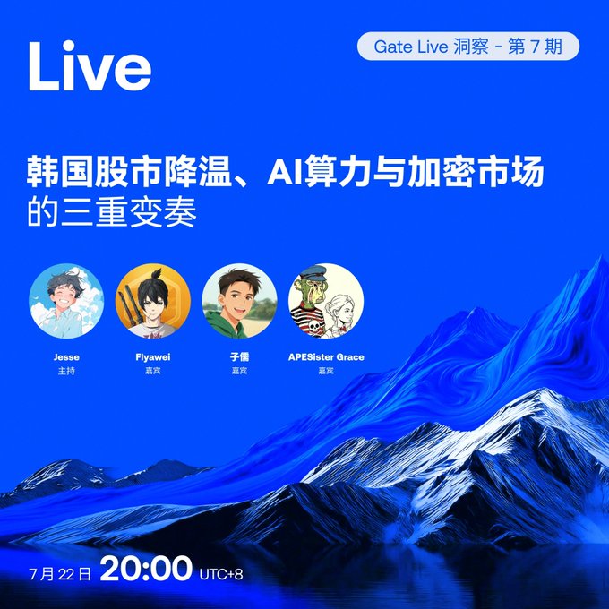 A promotional graphic for a "Gate Live 洞察 - 第 7 期" stream titled "韩国股市降温、AI算力与加密市场的三重变奏" featuring four speakers including Jesse, Flyawel, 子儒, and APESister Grace, scheduled for July 22nd at 20:00 UTC+8.