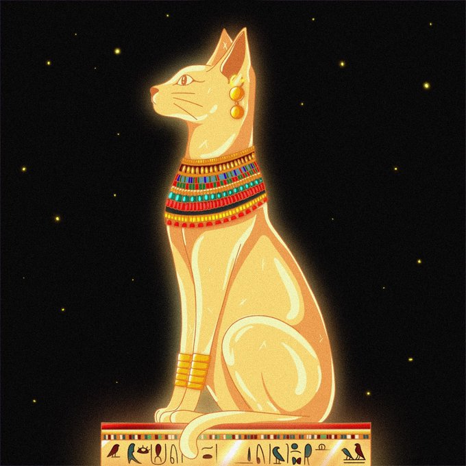 An illuminated statue of a seated Egyptian cat, resembling Bastet, adorned with gold jewelry and a colorful beaded collar, set against a black background dotted with golden stars.