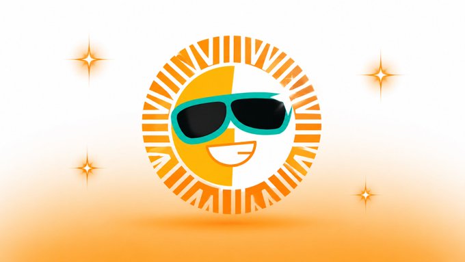 A stylized sun wearing teal sunglasses with a smiling face is featured prominently, with sun-ray patterns displaying "SUN.io" text along the circular border, surrounded by decorative star sparkles on a warm orange gradient background—visually reinforcing the branding for SUN.io's multi-asset liquidity platform.