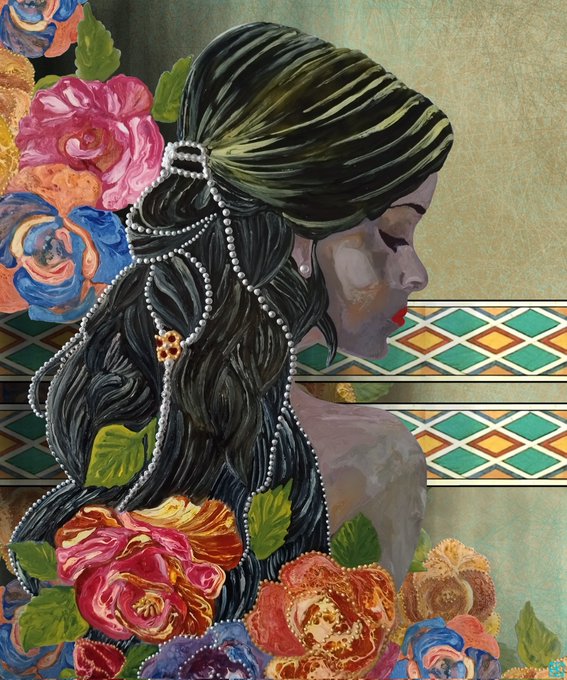 An artistic painting of a woman in profile with long dark hair adorned with pearls, surrounded by colorful roses against a patterned background.