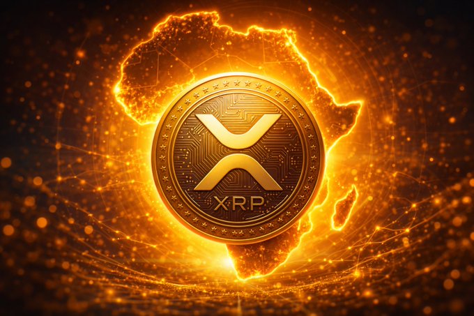 A digital artwork featuring a glowing golden XRP coin centered over a fiery outline of the African continent, surrounded by golden light particles.