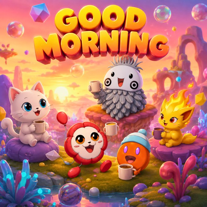 A colorful cartoon illustration with the text "GOOD MORNING" in large 3D yellow letters, featuring cute mascot characters including a white cat, a fluffy gray creature, a red round creature, an orange character in a blue beanie, and a yellow fox-like creature, all holding coffee cups in a vibrant fantasy landscape with bubbles and gems.