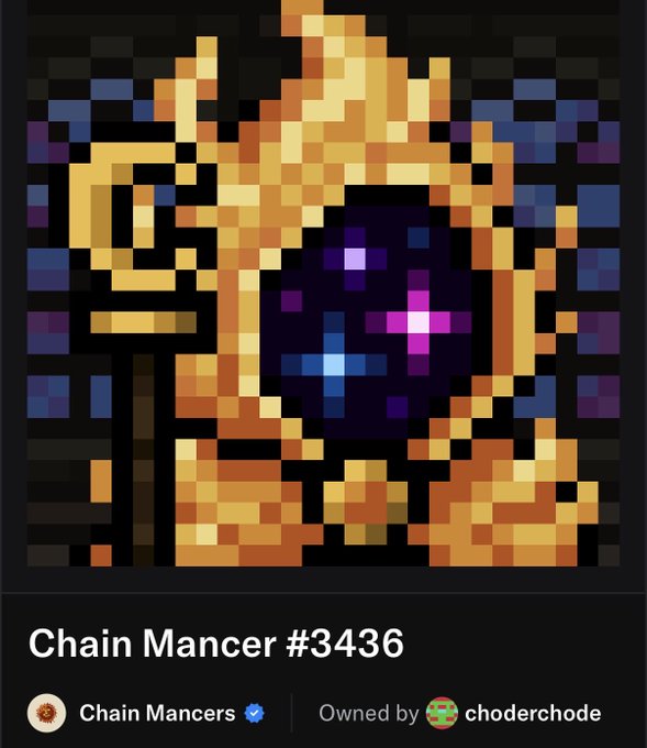 A pixel art NFT titled "Chain Mancer #3436" from the Chain Mancers collection, owned by "choderchode", depicting a golden figure holding a glowing purple orb.